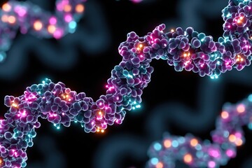 3D model of the rabies virus molecule with vibrant, glowing structures, showing the complex spikes and protein configurations against a dark background 