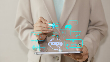 AI chatbot technology, virtual assistant for customer service, futuristic smart automation, AI-powered chatbot on tablet, digital business support, artificial intelligence conversation bot.