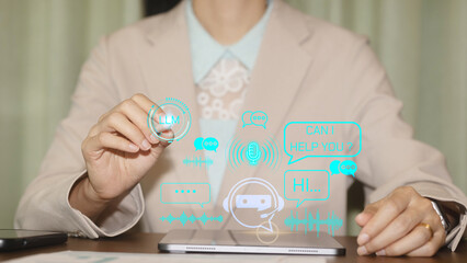 AI chatbot technology, virtual assistant for customer service, futuristic smart automation, AI-powered chatbot on tablet, digital business support, artificial intelligence conversation bot.