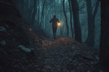 Lone runner with flashlight navigating a dark, foggy forest trail at night.