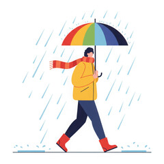 Person walking with rainbow umbrella in rain isolated on transparent background