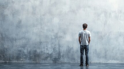 Fototapeta premium A man standing in front of a concrete wall, wearing a white t-shirt and jeans, with his hands in his pockets.