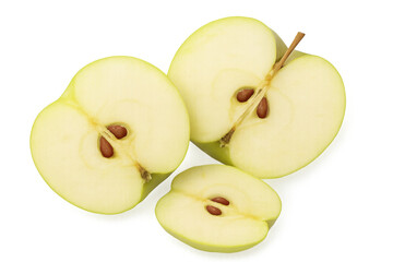 Green apple cut into slices, revealing seeds and transparent background, perfect for healthy eating and food-related projects