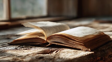 Open Antique Book on Rustic Wooden Table, Evoking Nostalgia and the Joy of Reading