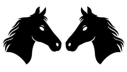 Two black horse heads facing each other in a symmetrical composition with a white background design element | editable eps vectors silhouette