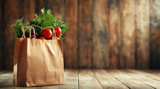 A grocery bag filled with fresh vegetables and fruits on a rustic wooden table. - Powered by Adobe