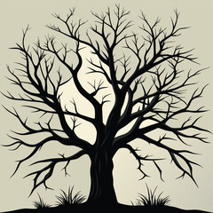 Silhouette of a large bare deciduous tree with intricate branches against a soft glowing moonlit sky evoking a sense of winter or dormancy