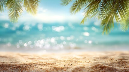 Tropical Paradise Beach Scene with Palm Trees, Golden Sand, and Turquoise Ocean, Ideal for Summer Vacation Background