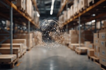 Global Logistics Network, Digital Earth Overlay in Warehouse Setting for Supply Chain Concept