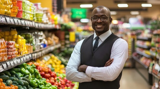 A smiling man in a grocery store, standing in front of a produce section.