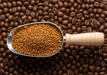 Obraz premium Instant Coffee Granules in Metal Scoop on Roasted Coffee Beans Background