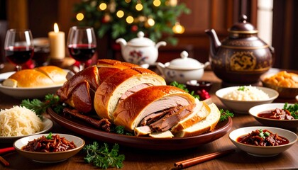 Roasted Peking Duck Wrap With Bread Dish In Taiwan Restaurant 