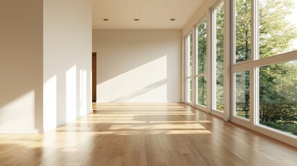 A spacious, well-lit room with large windows overlooking a forest. The room features hardwood floors and a white wall. The scene is serene and inviting.