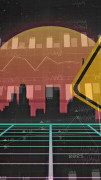 Animation of financial data processing and road sign over cityscape