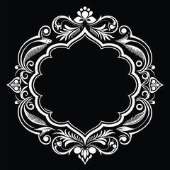Elegant white floral ornament frame on black background