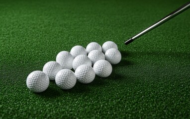 Golf balls on green artificial turf with putting aid.