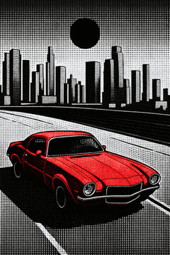 Red sports car cruises city streets under the moonlight. Pop art style with bold colors and dot patterns, vintage feel, artistic graphic