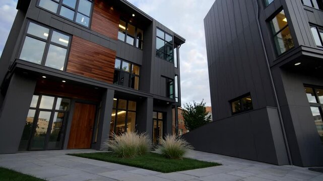Modern urban home exterior featuring large windows, wood and metal facade, minimalist landscaping, and contemporary architecture with inviting