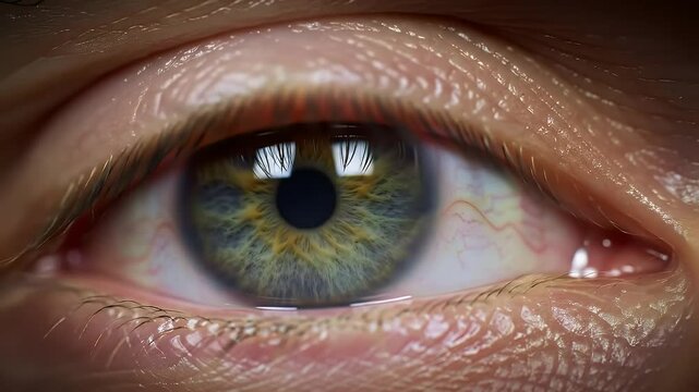 Detailed Extreme Close Up Of Human Eye With Yellow And Blue Iris And Oily Skin Texture, Focusing On Color Variations