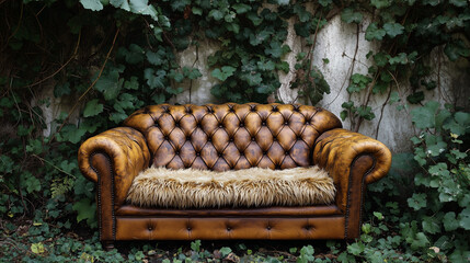 Old fashioned leather sofa in the jungle with plant and vines. Concept of abandoned, abstract art