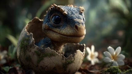 Fototapeta premium A baby dinosaur hatching from a cracked egg surrounded by flowers in a natural, forest-like setting.