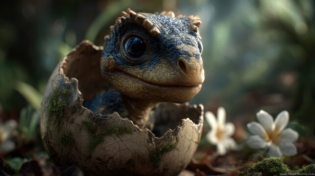 A baby dinosaur hatching from a cracked egg surrounded by flowers in a natural, forest-like setting.