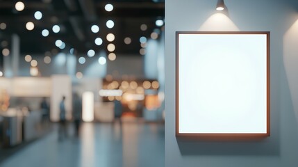 Gallery Wall: Blank square wooden frame mounted on a textured white wall under the focused light of a ceiling spotlight. Blurred trade show view in the background.