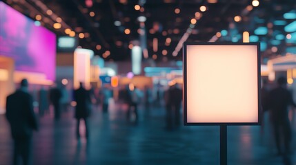 Exhibition Information Signage: A luminous display stands prominently amidst a bustling exhibition hall, offering a blank canvas for announcements and information.