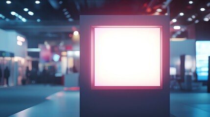 Obraz premium Illuminated Display in Exhibition Hall: A captivating scene showcasing a blank, illuminated display screen within the bustling ambiance of a spacious exhibition hall.