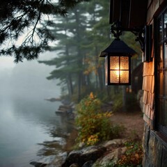 Misty lake cabin with warm light