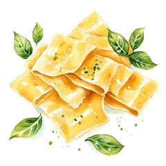 My Watercolor illustration with Pappardelle pasta with basil painting isolated on a white background, illustration, AI painting design, vector set, eps format, My illustration design