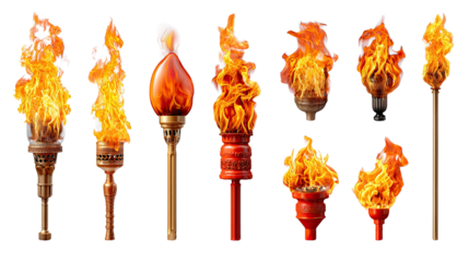 Fiery Torch Array: A captivating collection of burning torches, each radiating vibrant flames and diverse designs, illuminating a sense of history and strength. 