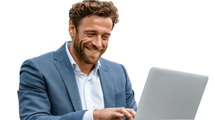 Smart Business in Action: A well-dressed individual, engrossed in their laptop, beams with a warm smile, symbolizing the joy of seamless work and productivity.