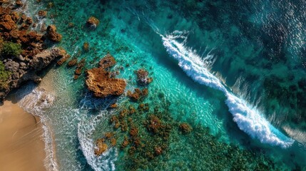 Aerial view of a turquoise ocean crashing onto a rocky sandy shore with vibrant coral and white sea foam.