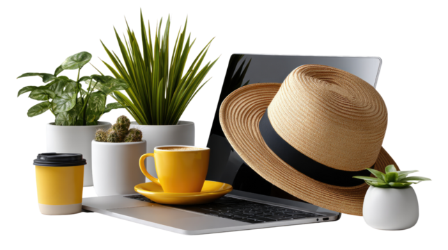 Laptop and leisure: A hat rests gently on a laptop beside a mug of coffee and plant in pot, offering a vibrant scene blending work with leisure. 