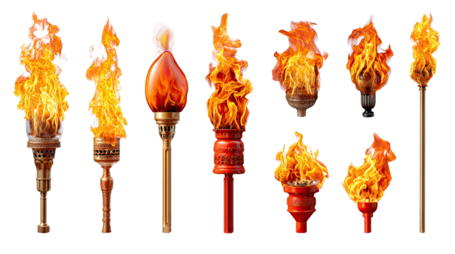 Fiery Torch Array: A captivating collection of burning torches, each radiating vibrant flames and diverse designs, illuminating a sense of history and strength.  - Powered by Adobe