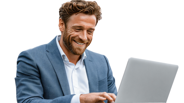 Smart Business in Action: A well-dressed individual, engrossed in their laptop, beams with a warm smile, symbolizing the joy of seamless work and productivity.