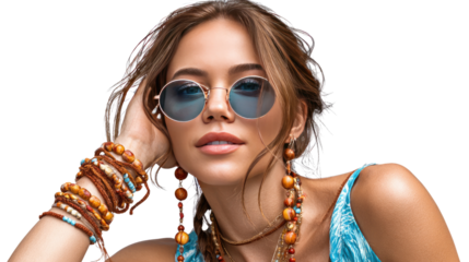 Bohemian Radiance: A portrait captures a woman exuding bohemian charm, adorned with accessories and sun-kissed skin, in a bright, light-filled moment.