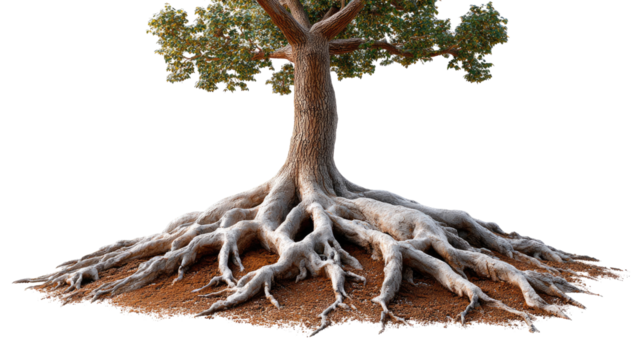 The Roots of Life: A majestic tree stands, its intricate network of roots anchoring it firmly to the earth. The scene is a beautiful display of nature's resilience and strength.