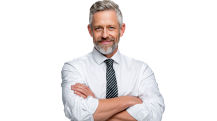 Portrait of a Professional Man: A handsome man in a white shirt and tie strikes a pose with folded arms, radiating confidence and approachability.
