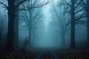 Mist-Shrouded Forest Path A Gothic Scene of Eerie Solitude and Mystery, Ideal for Fantasy or Dark Fiction Projects