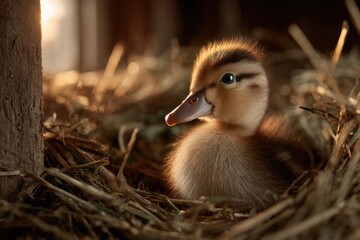 A close-up of a fluffy duckling resting in a nest of straw, bathed in soft, warm light.