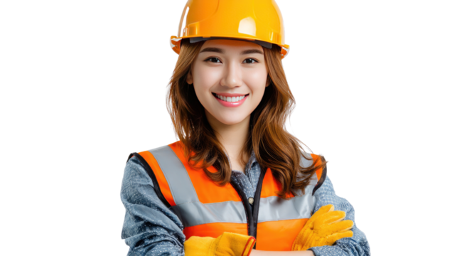 Confident Construction Professional: A skilled and cheerful construction worker in safety gear radiates competence, poised against a neutral backdrop.