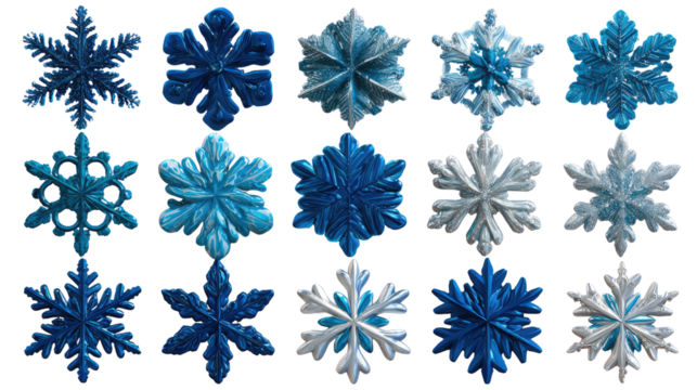 Shimmering Snowflake Array: A captivating collection of detailed snowflakes in various shades of blue and white, showcasing intricate symmetry and icy beauty.