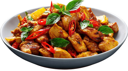 Flavorful Culinary Delight: A vibrant and appetizing dish features tender pieces of chicken, interspersed with fiery chili peppers, aromatic basil leaves, and other ingredients.