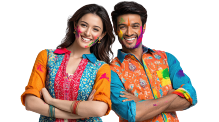 Colorful Celebration: A vibrant portrait captures a couple embracing each other's colorful faces celebrating festival. expressing the heart of life and culture and feeling.