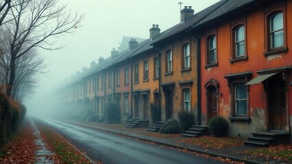 Fototapeta premium Autumnal Fog Envelops a Row of Historic Terraced Houses on a Quiet Residential Street