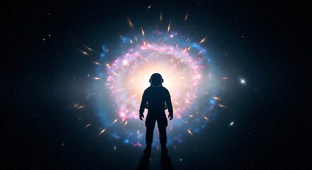 Astronaut silhouetted standing before a cosmic explosion in the vast and mysterious universe