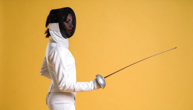 Female Fencer in Action, Yellow Background - Strong Female Athletes