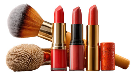 Glamorous Beauty Essentials: A close-up shot showcases an array of makeup essentials, the composition includes a vibrant lipstick, and brushes arranged elegantly.